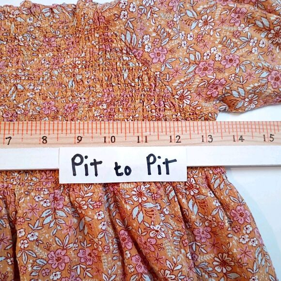 Peasant Milkmaid Top Long Ruffle Sleeve Smocked Size S* Peach Pink Ditsy Floral - Picture 3 of 8